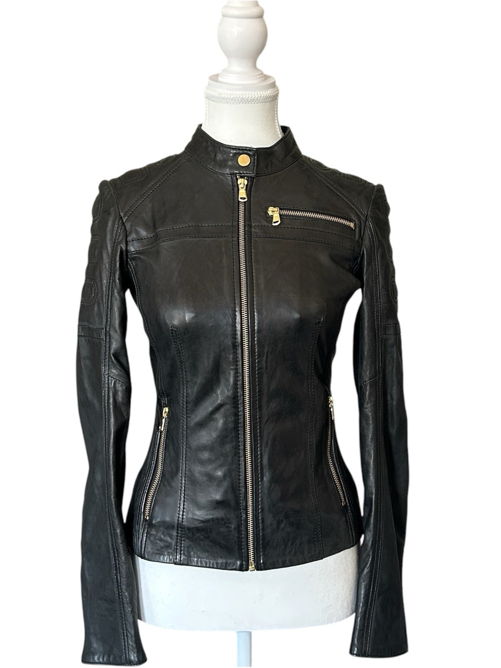 Y2K “Danier” Black Leather Moto Biker Style Zip-up Jacket with Gold Accents